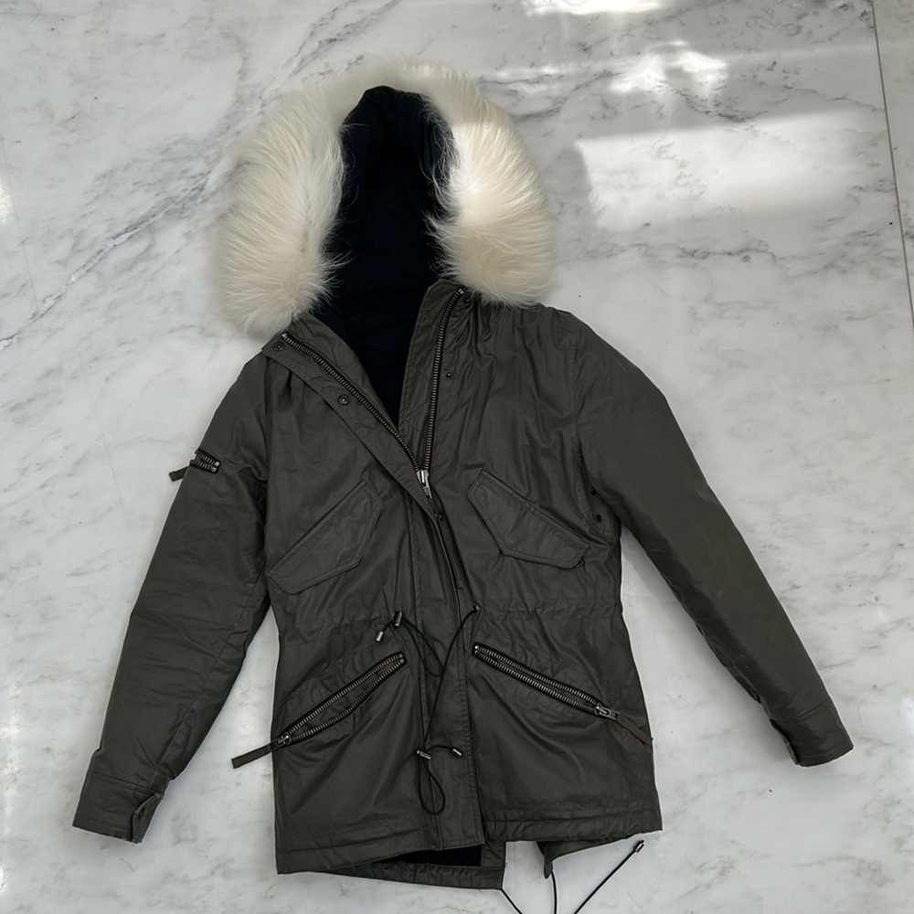 SAM distressed green jacket w white fur hood